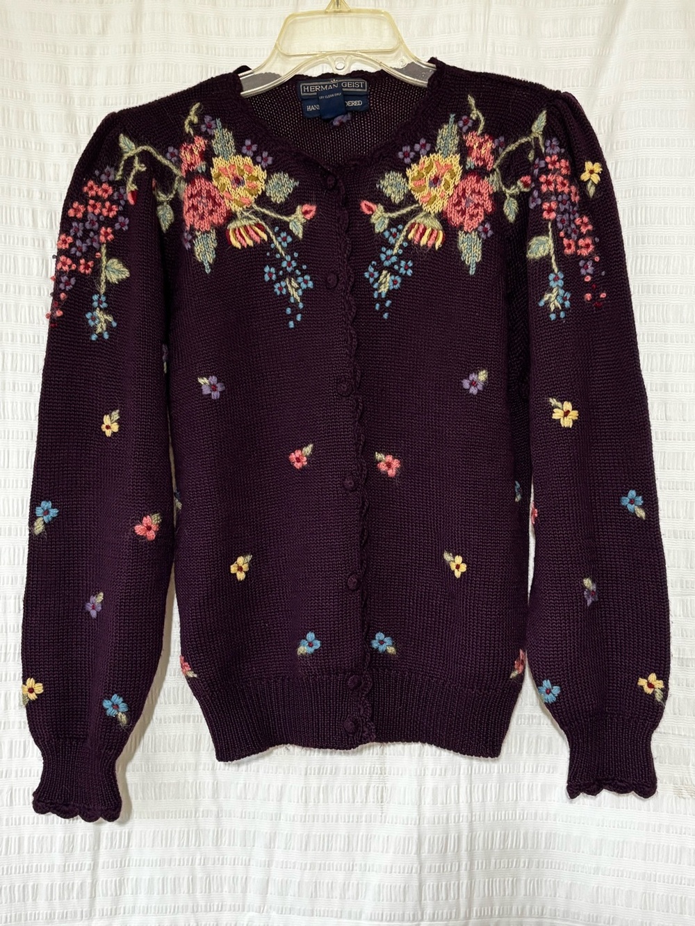 Vintage Herman Geist Hand Embroidered Floral Cardigan Sz Small